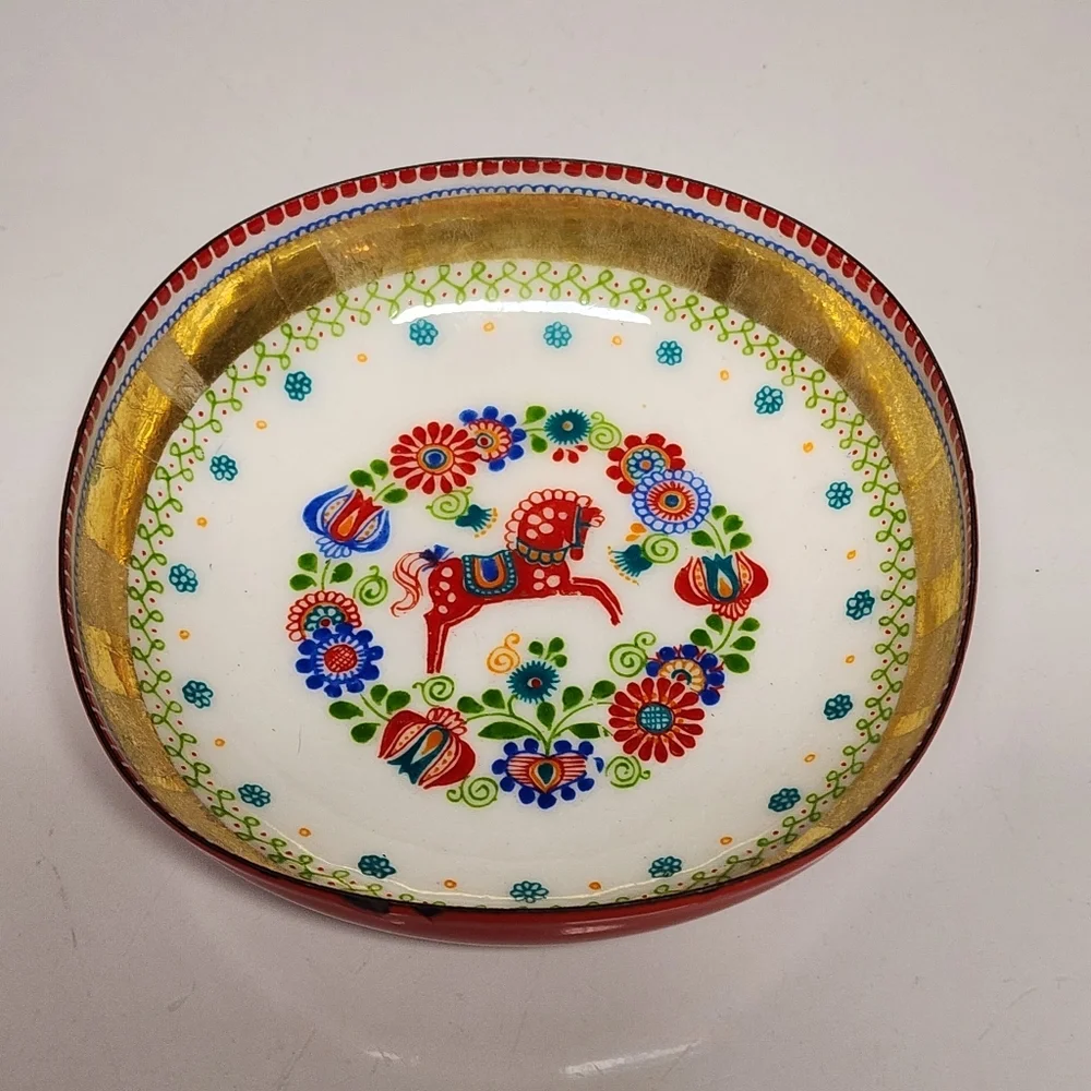 Enameled Dish Trinket Folk Art Dala Horse Mid Century Austria Metal Tray 3.75